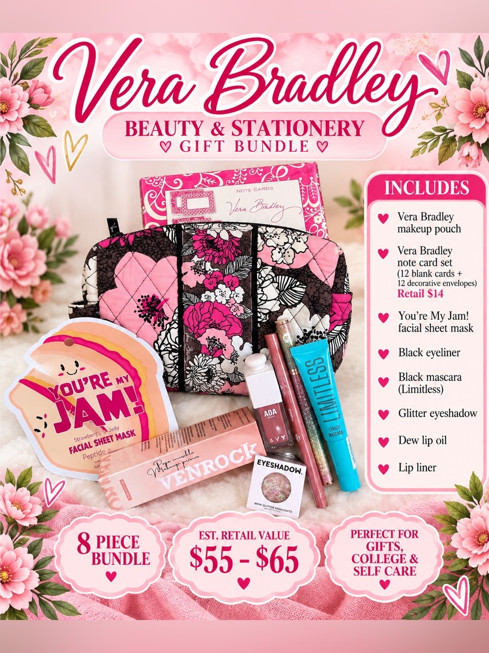 Vera Bradley Beauty & Stationery Gift Bundle – 8 Pieces